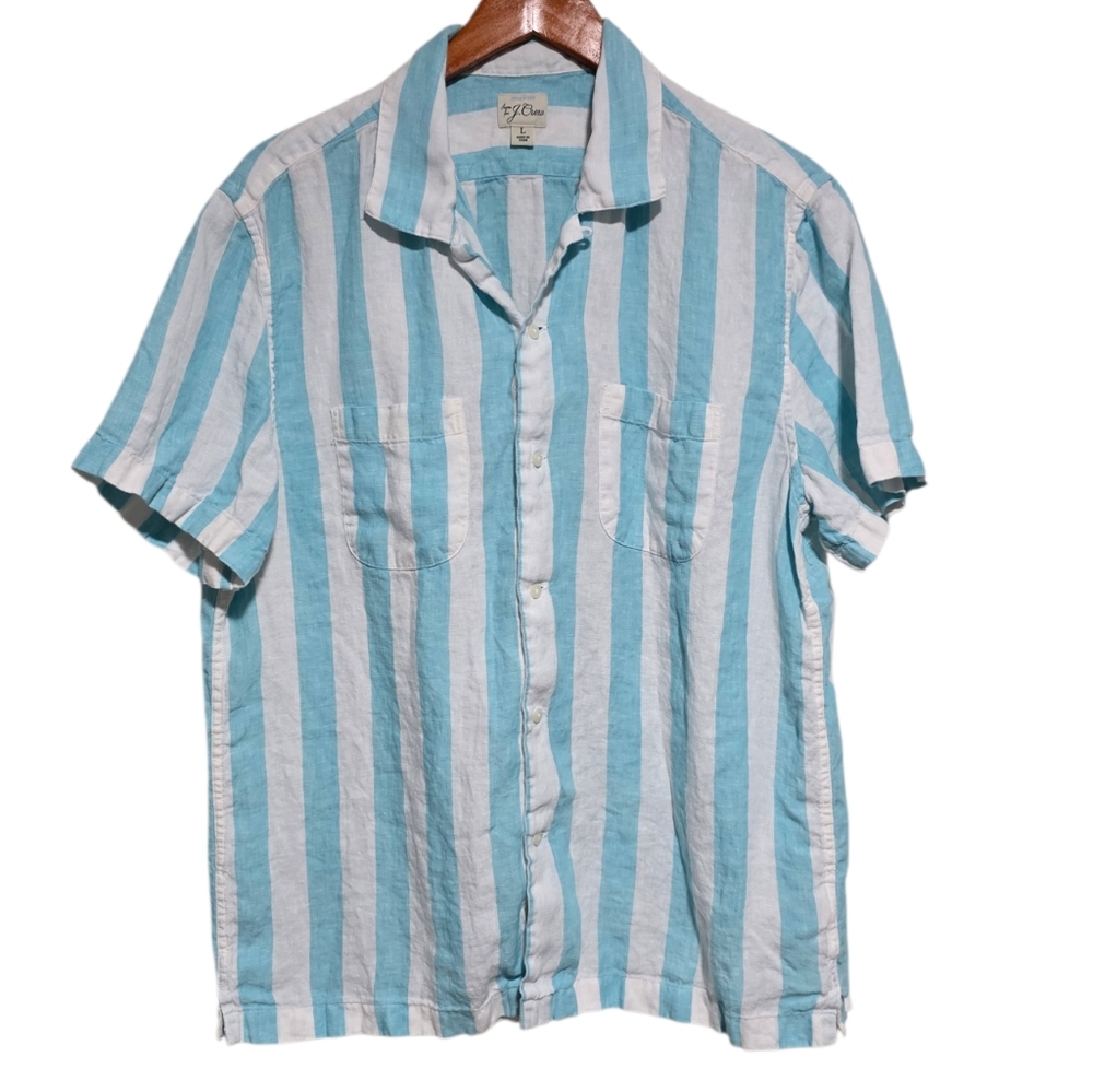 J. Crew Short Sleeve Linen Camp Collar Shirt in Cerulean Stripe Size Large